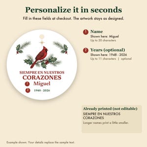 Siempre en Nuestros Corazones Ornament, Spanish Memorial Custom Name Ceramic Keepsake afbeelding 3