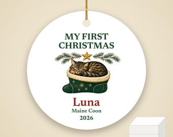 Cat's First Christmas Ornament 2026, Personalized Cat Name and Breed Ceramic Keepsake