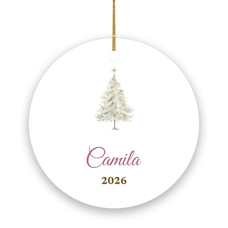 Dainty Christmas Tree Ornament Personalized, Pastel Cursive Name Ceramic Keepsake zdjęcie 2