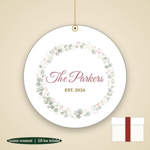 Pastel Wreath Family Name Ornament, Dainty Cursive Personalized Ceramic Keepsake image 1