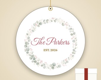 Pastel Wreath Family Name Ornament, Dainty Cursive Personalized Ceramic Keepsake