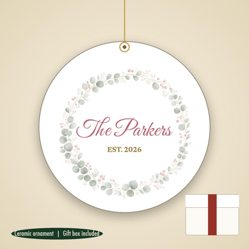 Pastel Wreath Family Name Ornament, Dainty Cursive Personalized Ceramic Keepsake image 1