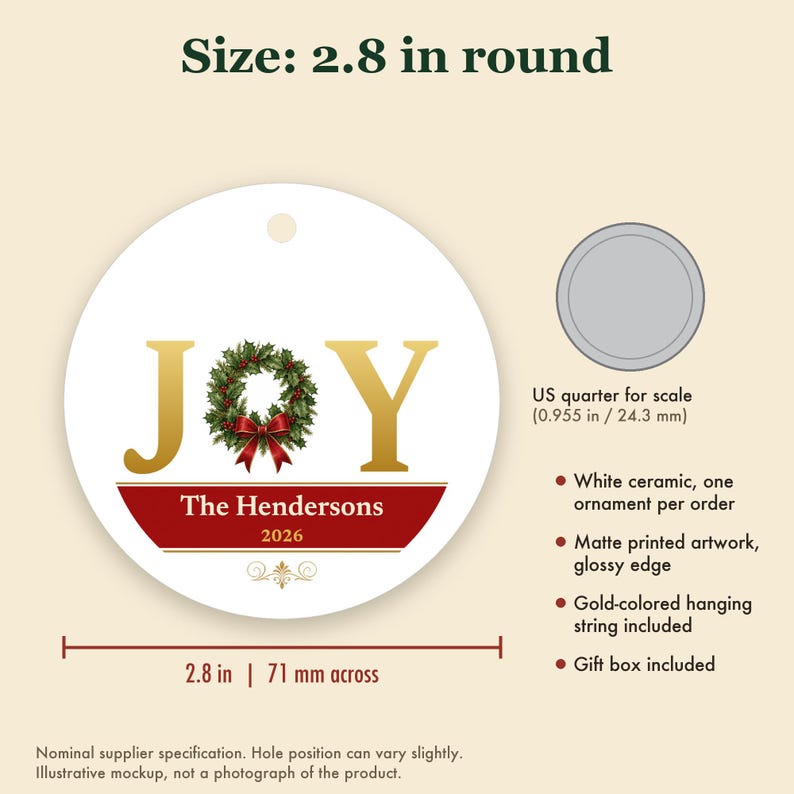 JOY Christmas Ornament Classic Red Gold, Holly Custom Family Name Ceramic Keepsake Bild 5