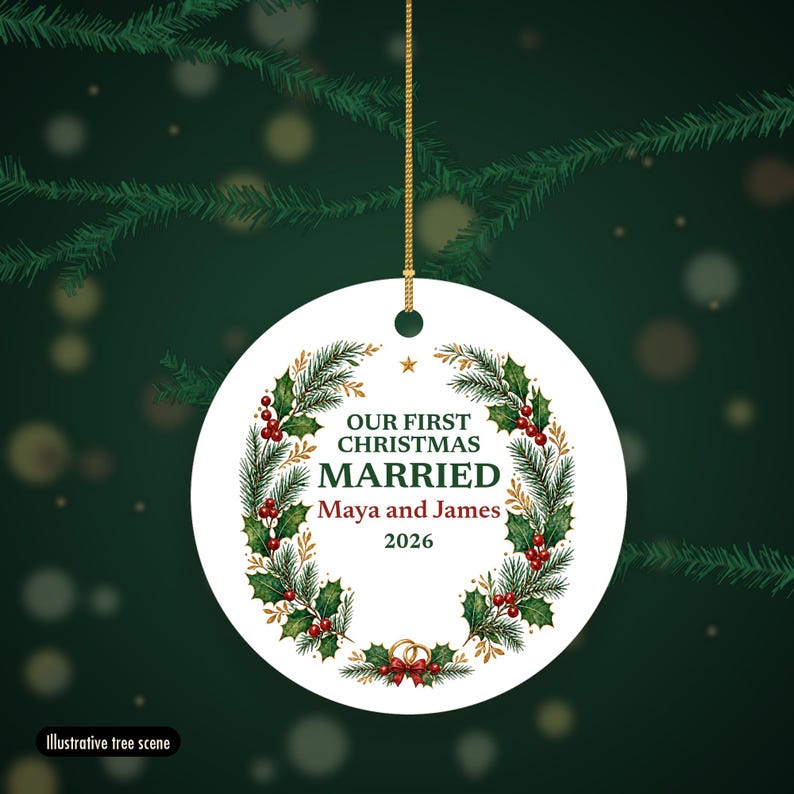 Adorno navideño "Primera Navidad de casados ​​2026", recuerdo de cerámica personalizado con los nombres de la pareja, Sr. y Sra., regalo de boda para recién casados. imagen 6