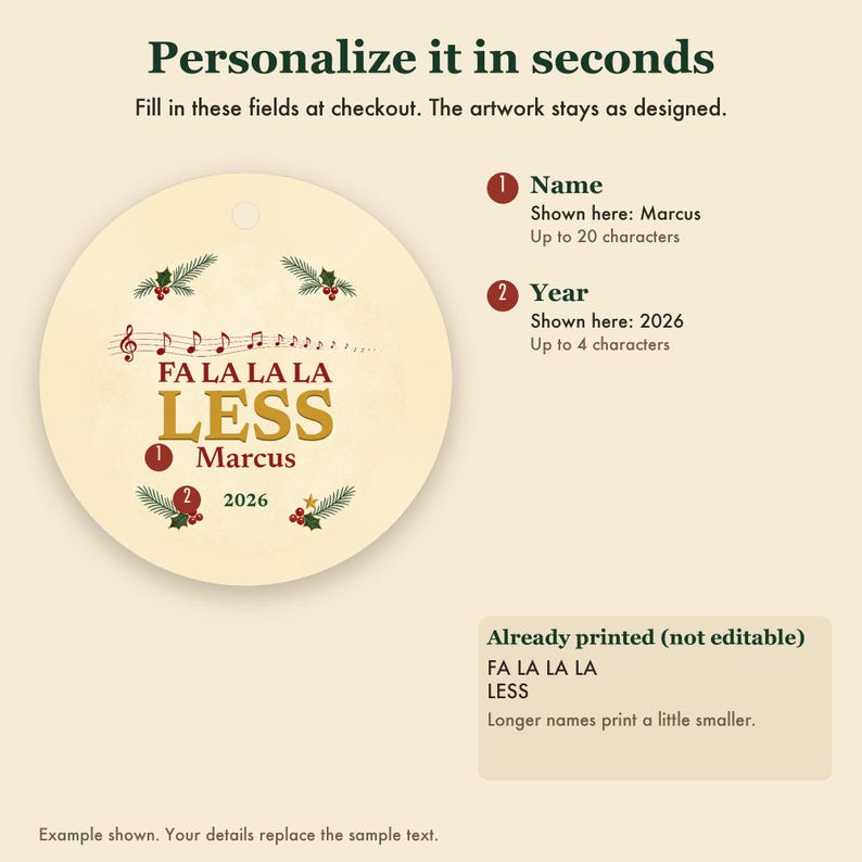 Fa La La La Less Christmas Ornament, Funny Carol Pun GLP-1 Christmas Gift, Custom Name Ceramic image 3