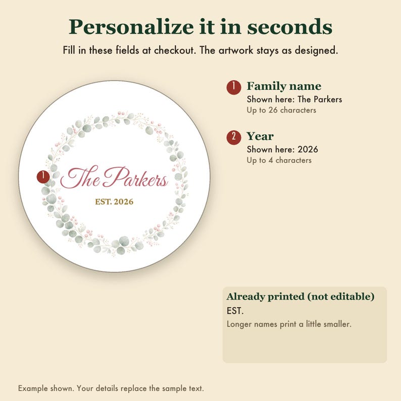 Pastel Wreath Family Name Ornament, Dainty Cursive Personalized Ceramic Keepsake image 3