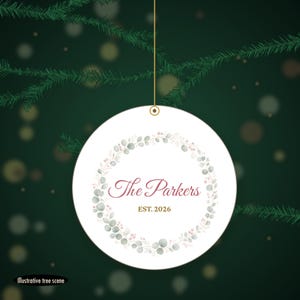 Pastel Wreath Family Name Ornament, Dainty Cursive Personalized Ceramic Keepsake image 6