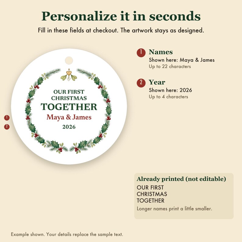 Our First Christmas Together Ornament 2026, Personalized Couple Names Ceramic Keepsake, Boyfriend Girlfriend Gift imagem 3