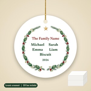 Family Christmas Ornament with Names 2026, Personalized Family Name and Up to 6 Member Names Ceramic Keepsake image 1