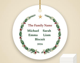 Family Christmas Ornament with Names 2026, Personalized Family Name and Up to 6 Member Names Ceramic Keepsake