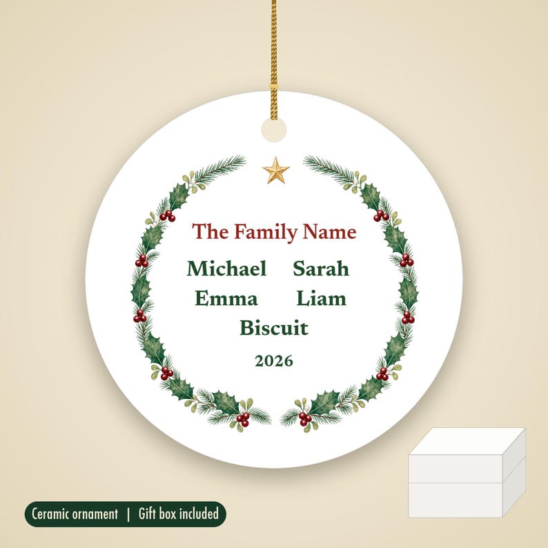 Family Christmas Ornament with Names 2026, Personalized Family Name and Up to 6 Member Names Ceramic Keepsake image 1