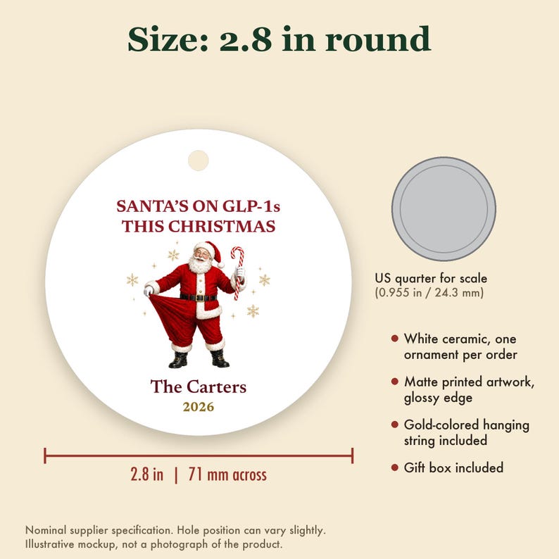 Funny Santa Ornament, Santa's on GLP-1s This Christmas, Slim Santa Gag Gift Custom Name Ceramic image 5