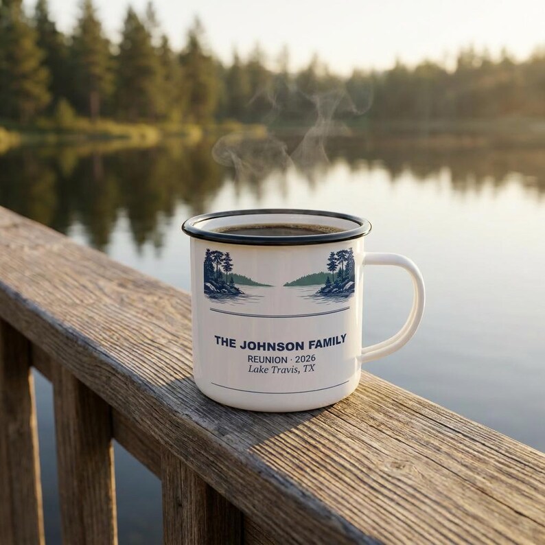 Personalisierte Familientreffen Emaille Tasse, Haus am See 2026 Camp Cup, Benutzerdefinierte Urlaubsandenken Bild 6