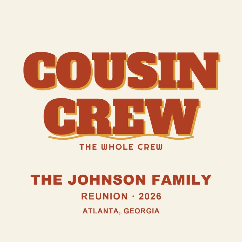 Personalisierte Canvas-Tragetasche „Cousin Crew“ für das Familientreffen 2026, individuelle Geschenktasche für das Treffen, robuste Baumwolltasche mit Namen, Erinnerungstasche für das Treffen Bild 1