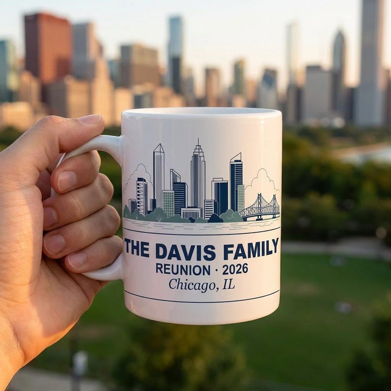 Gepersonaliseerde mok familiereünie, aangepaste koffiekop skyline stad, aandenken 2026 afbeelding 4