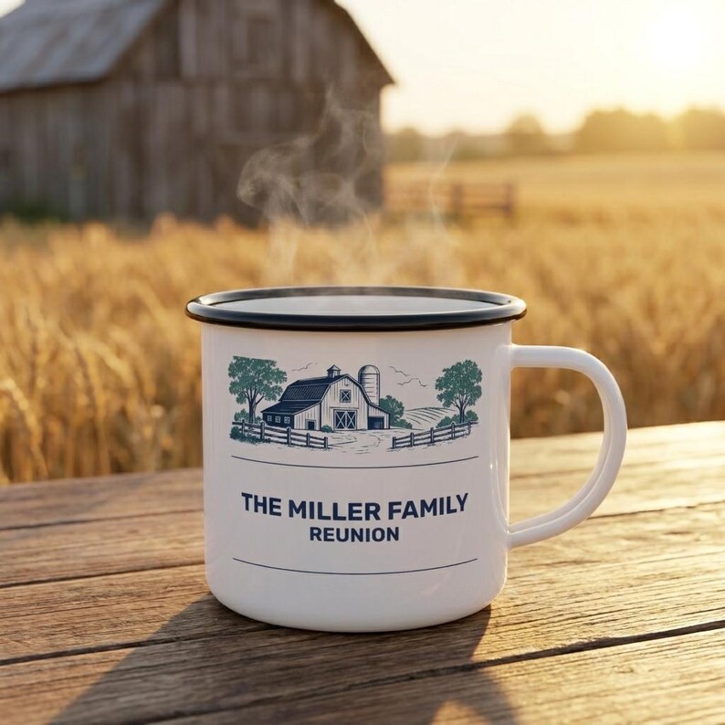 Personalized Farm Family Reunion Enamel Camp Mug, Custom 2026 Campfire Keepsake Gift, Vintage Travel Coffee Cup, Country Vacation Souvenir image 4