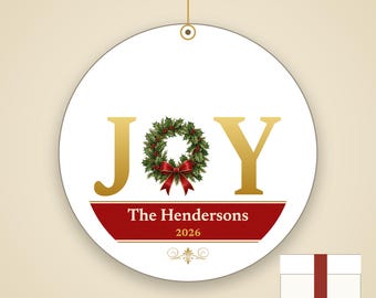 JOY Christmas Ornament Classic Red Gold, Holly Custom Family Name Ceramic Keepsake