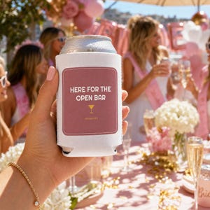 Funny Wedding Koozie, Here For The Open Bar Can Cooler, Wedding Favor Reception Party Gift, Bridal Shower Beer Sleeve, Drink Holder image 1