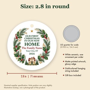 First Christmas in Our New Home Ornament 2026, Personalized Family Name and City Ceramic Keepsake, Housewarming Gift image 5