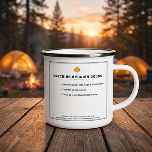 Personalized Family Reunion Enamel Mug, Wisconsin Dells 2026 Custom Camp Coffee Cup image 1