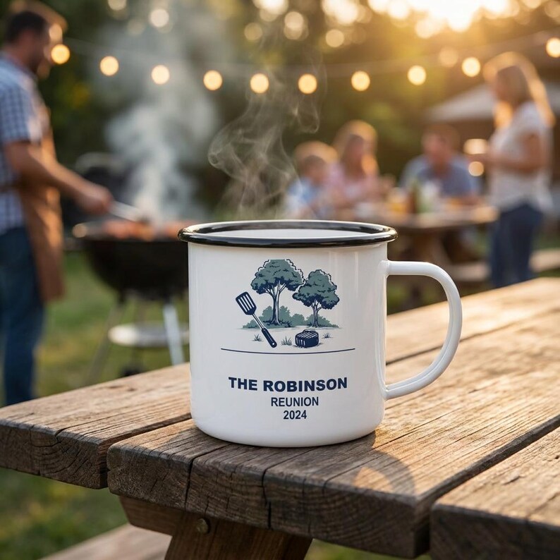 Gepersonaliseerde emaille mok familiereünie, achtertuin BBQ Camp Cup 2026, custom aandenken afbeelding 1