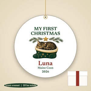 Cat's First Christmas Ornament 2026, Personalized Cat Name and Breed Ceramic Keepsake imagen 1