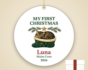 Cat's First Christmas Ornament 2026, Personalized Cat Name and Breed Ceramic Keepsake
