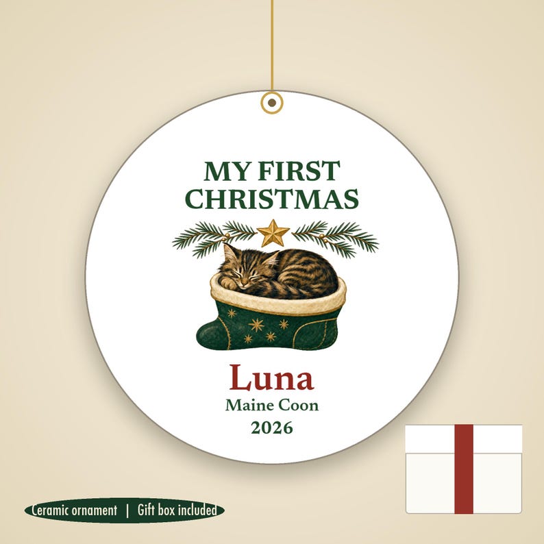 Cat's First Christmas Ornament 2026, Personalized Cat Name and Breed Ceramic Keepsake imagen 1