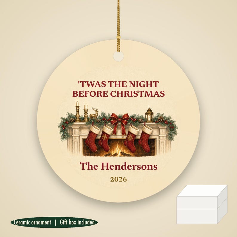 Twas the Night Before Christmas Ornament, Classic Stockings Family Name Ceramic immagine 1