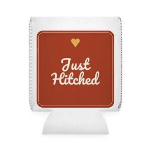 Just Hitched Wedding Koozie, Personalized Can Cooler with Custom Name & Date, Beer Sleeve Favor Gift, Drink Holder, Newlywed Keepsake image 2