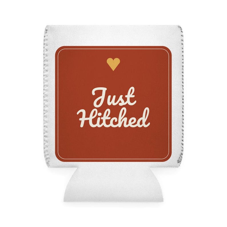Just Hitched Wedding Koozie, Personalized Can Cooler with Custom Name & Date, Beer Sleeve Favor Gift, Drink Holder, Newlywed Keepsake image 2