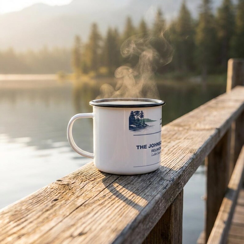 Personalisierte Familientreffen Emaille Tasse, Haus am See 2026 Camp Cup, Benutzerdefinierte Urlaubsandenken Bild 1