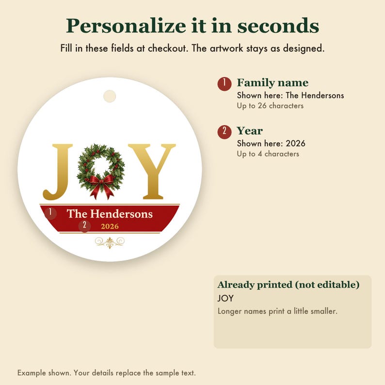 JOY Christmas Ornament Classic Red Gold, Holly Custom Family Name Ceramic Keepsake Bild 3