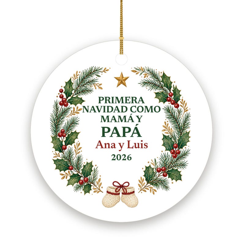 Primera Navidad Como Mama y Papa Ornament 2026, Spanish New Parents Names Ceramic Keepsake, Regalo Bebe image 2