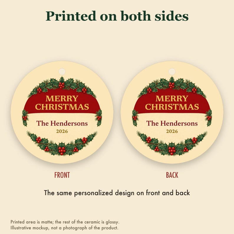 Adorno navideño clásico de acebo, Feliz Navidad, Nombre de la familia, Cerámica roja y dorada 2026 imagen 8