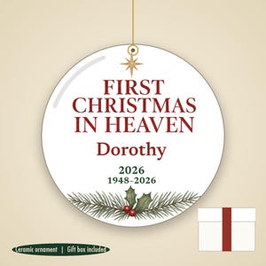 First Christmas in Heaven Ornament Personalized, Memorial Remembrance Ceramic Keepsake image 1