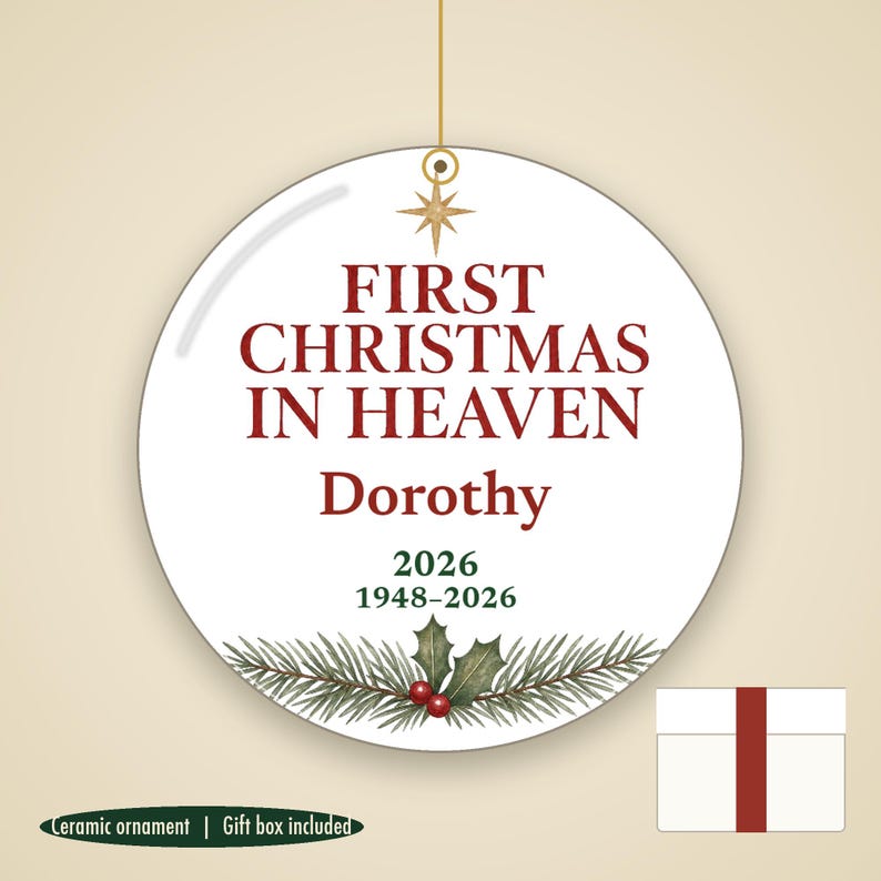 First Christmas in Heaven Ornament Personalized, Memorial Remembrance Ceramic Keepsake image 1