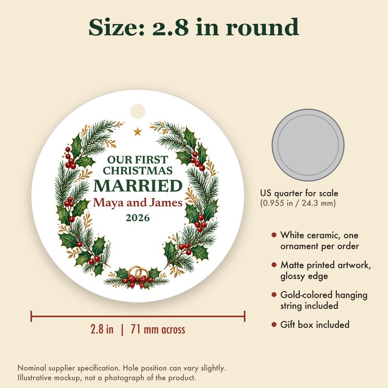 Adorno navideño "Primera Navidad de casados ​​2026", recuerdo de cerámica personalizado con los nombres de la pareja, Sr. y Sra., regalo de boda para recién casados. imagen 5