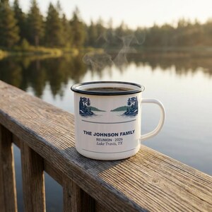 Personalisierte Familientreffen Emaille Tasse, Haus am See 2026 Camp Cup, Benutzerdefinierte Urlaubsandenken Bild 3