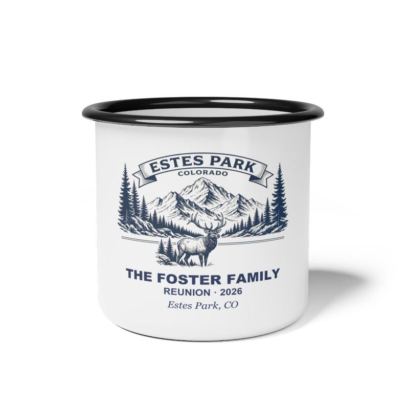 Personalized Estes Park Family Reunion Enamel Mug, Rocky Mountains Camping Trip Gift, Custom Name Reunion Coffee Mug, 2026 Colorado Keepsake image 1