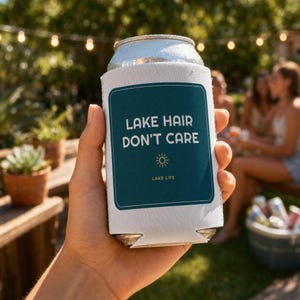 Lake Hair Dont Care Koozie, Funny Lake Life Can Cooler Sleeve, Summer Lake House Party Favor Gift, Vacation Drink Holder for Her, Beach Pool image 1