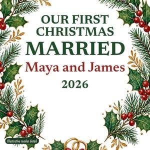 Adorno navideño "Primera Navidad de casados ​​2026", recuerdo de cerámica personalizado con los nombres de la pareja, Sr. y Sra., regalo de boda para recién casados. imagen 4