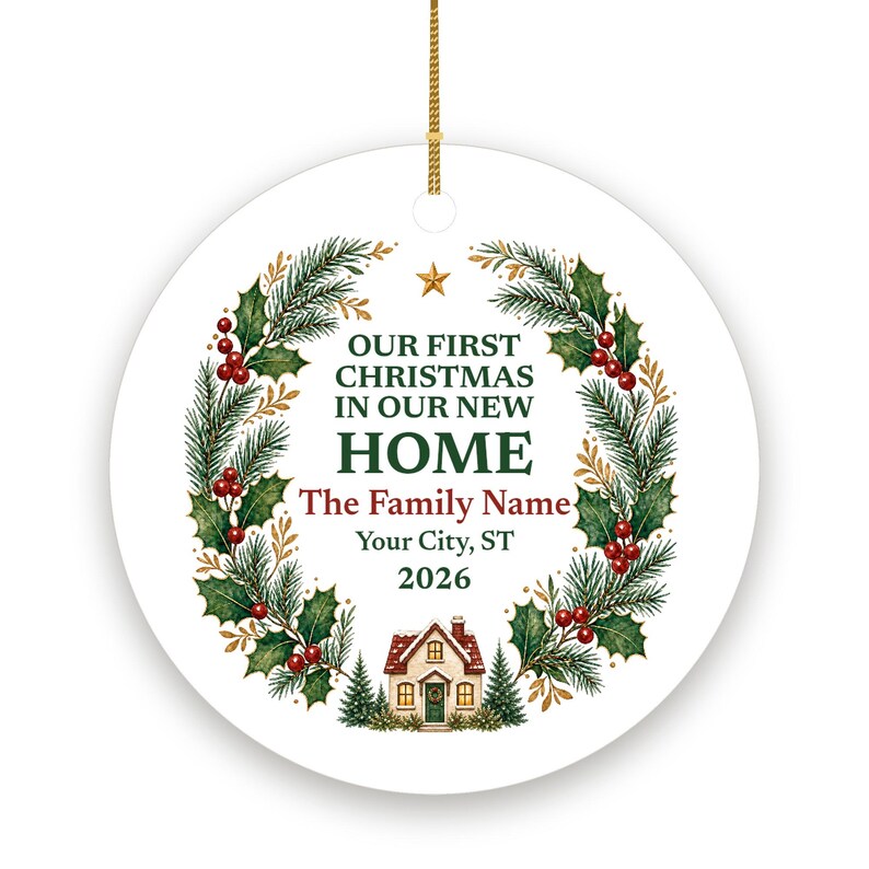 First Christmas in Our New Home Ornament 2026, Personalized Family Name and City Ceramic Keepsake, Housewarming Gift image 2