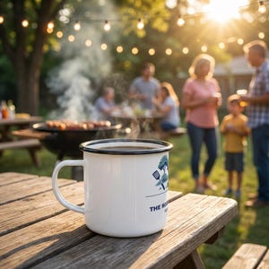 Gepersonaliseerde emaille mok familiereünie, achtertuin BBQ Camp Cup 2026, custom aandenken afbeelding 3