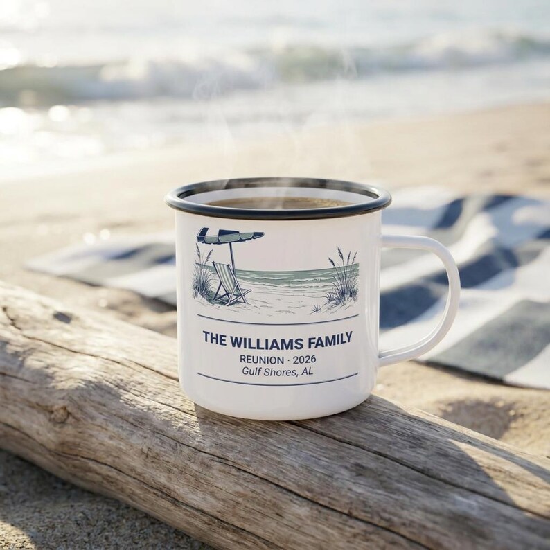 Personalized Family Reunion Enamel Camp Mug, Beach 2026 Camp Cup image 5
