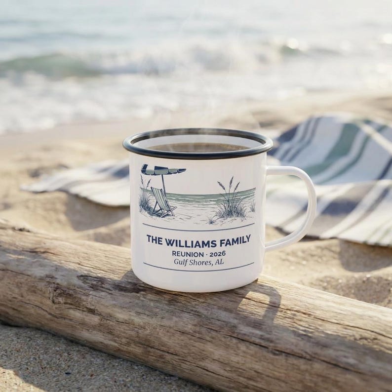 Personalized Family Reunion Enamel Camp Mug, Beach 2026 Camp Cup image 4