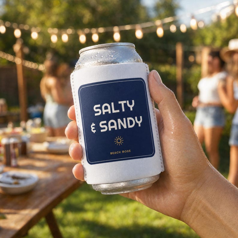 Divertido enfriador de latas de playa con diseño de arena salada, regalo ideal para vacaciones, funda para bebidas, portavasos de verano, recuerdo para fiestas en la playa, regalo costero. imagen 1