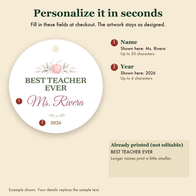 Best Teacher Ever Ornament Pastel, Dainty Apple Cursive Name Ceramic Gift 2026 画像 3
