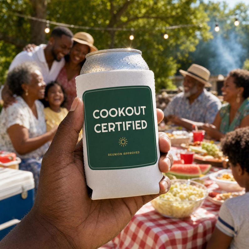 Funny Family Reunion Can Cooler, Cookout Certified Drink Sleeve, Personalized Koozie for Beer, Black Family Gift, Summer Cookout Favor image 1