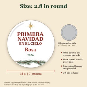 Primera Navidad en el Cielo Ornament, Spanish Memorial Remembrance Ceramic Personalized imagem 5